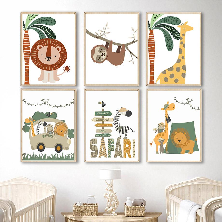 Jungle Animals Posters Prints Wall Art Lion Giraffe Monkey Sloth Zebra Canvas Painting Aesthetic Room Decor Decorative Paintings