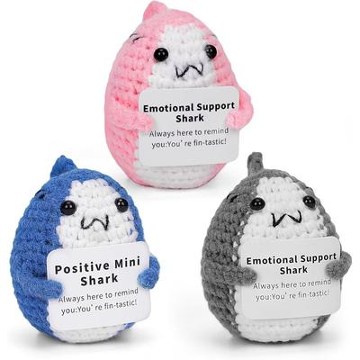 3 PCS Emotional Support Shark, Funny Crochet Animal Mini Inspirational Handmade with Encouragement Card,Knitted Birthday Gifts for Women Friend Men
