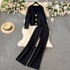 Autumn Winter Golden Buttons V Neck Pocket Cardigan Knitted Sweaters + Wide Leg Pants Tracksuits Long Two Piece Set