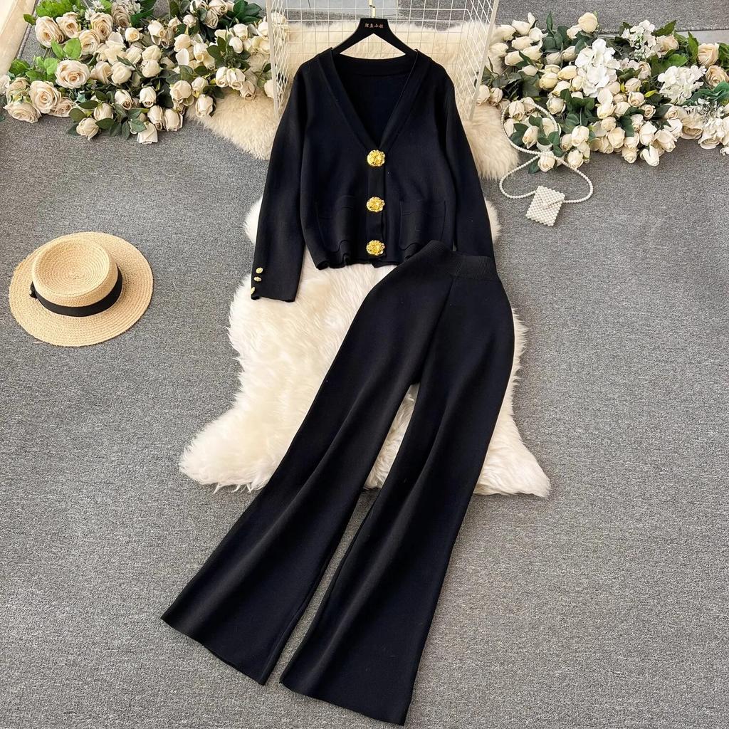 Autumn Winter Golden Buttons V Neck Pocket Cardigan Knitted Sweaters + Wide Leg Pants Tracksuits Long Two Piece Set
