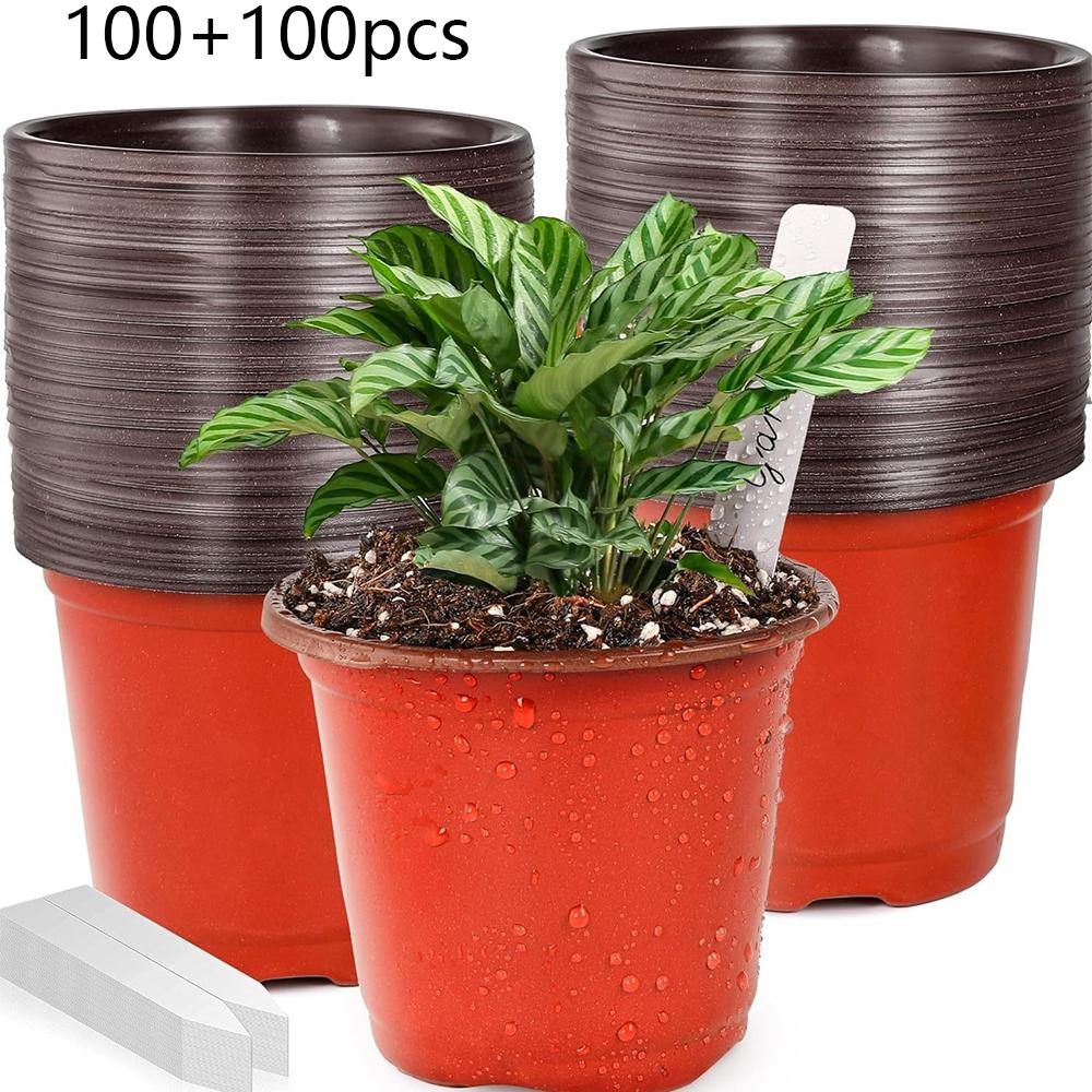 100 Pcs 4Inch Plant Nursery Pots With Drainage Holes (With 100 Plant Labels)
