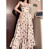 Platycodon Sweet and Gentle Wind French Rose Print Small Flying Sleeve Dress, Summer Waist and Thin Tea Break Medium and Long Dress