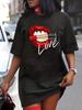Unisexs Summer Casual Love Red Lips Lipstick Print Loose Size Round Neck Short Sleeved Tshirt Dress