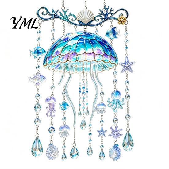 Stained Glass Acrylic Ornament Ocean-Themed Wind Chime Decoration, Animal Hanging Sun Catcher with Faux Crystal Drops, Beach House Wall Ornaments for