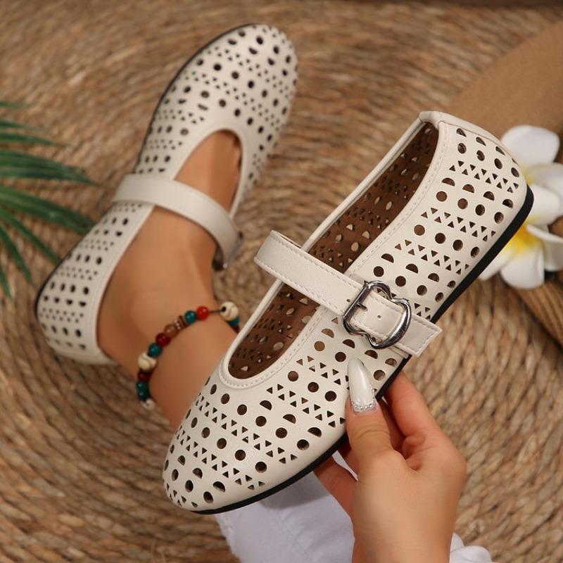 Women Plus Size French Hollow Leather Flats Minimalist Design Ballet Mary Jane Shoes Spring