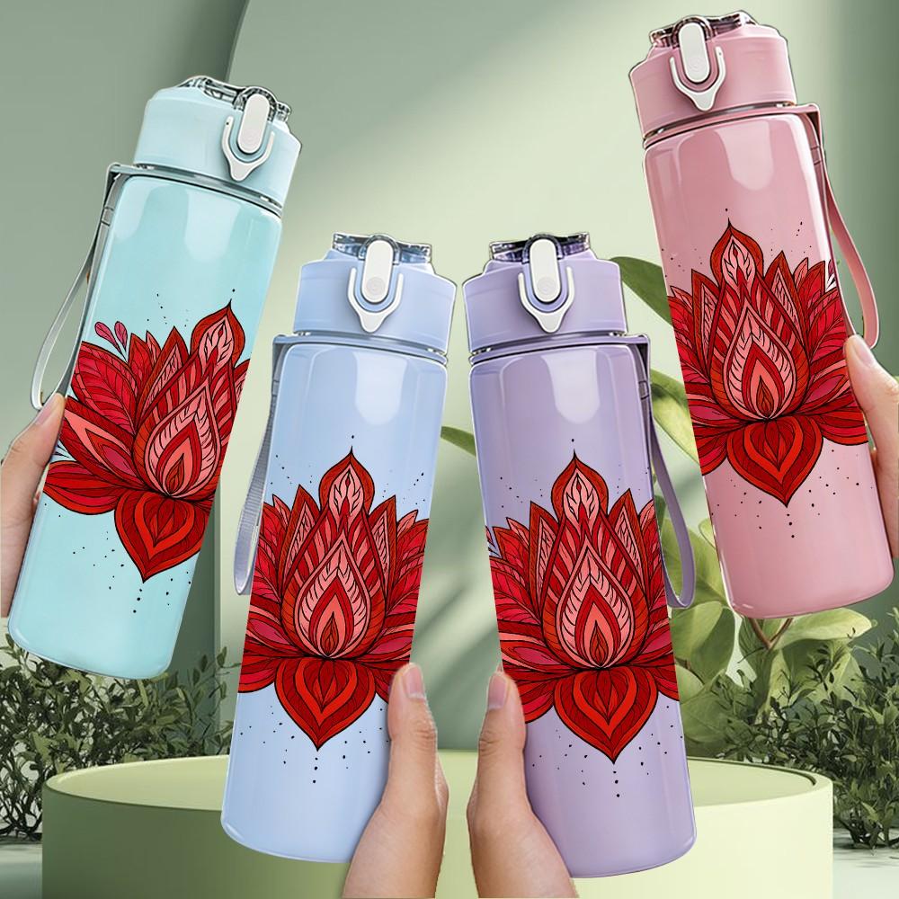 1PC Red Lotus Flower Mandala 750ml Color Plastic Sports Water Bottle Leakproof Flip Straw Lid Suitable for Sports Office Home Use