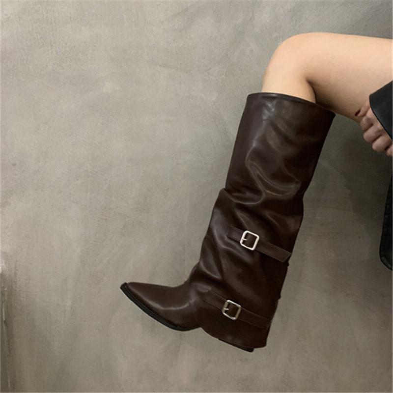 Mode Knielange Vierkante Hak Lange Laarzen Winter Instappers Dames Schoenen in de Uitverkoop 2025 Lente Herfst Puntige Neus Lage Hak Punk Dames Botas