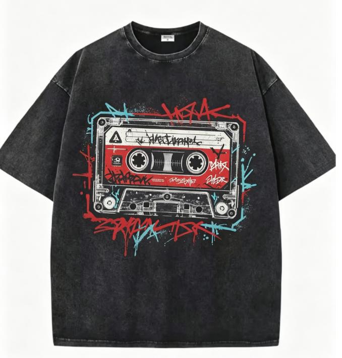 Retro Kassette Schallplatte Druck T-Shirt Herren Oversized Gewaschen Schwarz T-Shirt Graffiti Streetwear Lässige Oberteile