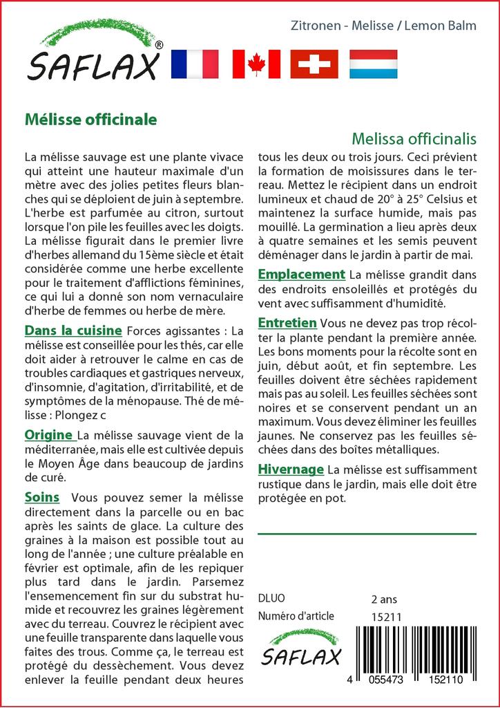 SAFLAX Çantada Bahçe - Limon Otu - 150 tohum - Uygun bir dik duran torbada substratla - Melissa officinalis