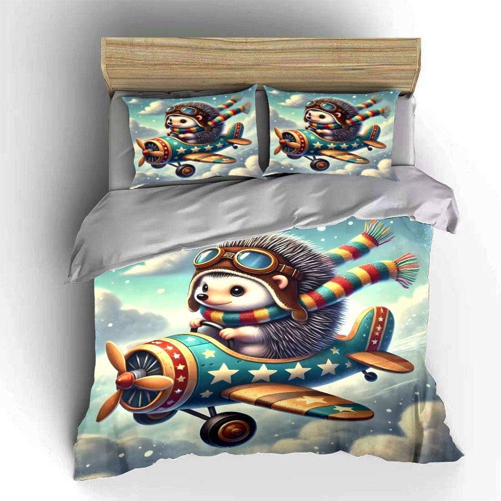 Hedgehog Flying Tiny Airplane Print Soft Comfortable Duvet Cover Bedding Set Included 1*Duvet Cover  2*Pillowcases Luxury Gift