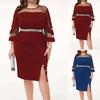 Women Dress See-through Mesh Patchwork Split Hem Sheath Slim Fit Three Quarter Sleeves Shiny Powder Crew Neck Prom Evening Office Wear Midi Dress