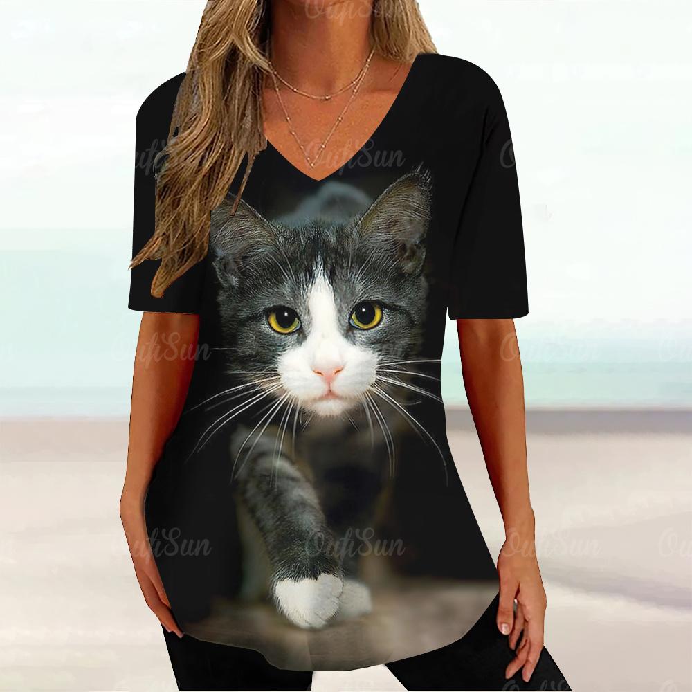 Kawaii Cat Graphic T Shirt For Women Painting Print Harajuku Short Sleeve Tops Summer V-Neck Pullover Female Loose Clothing Tees
