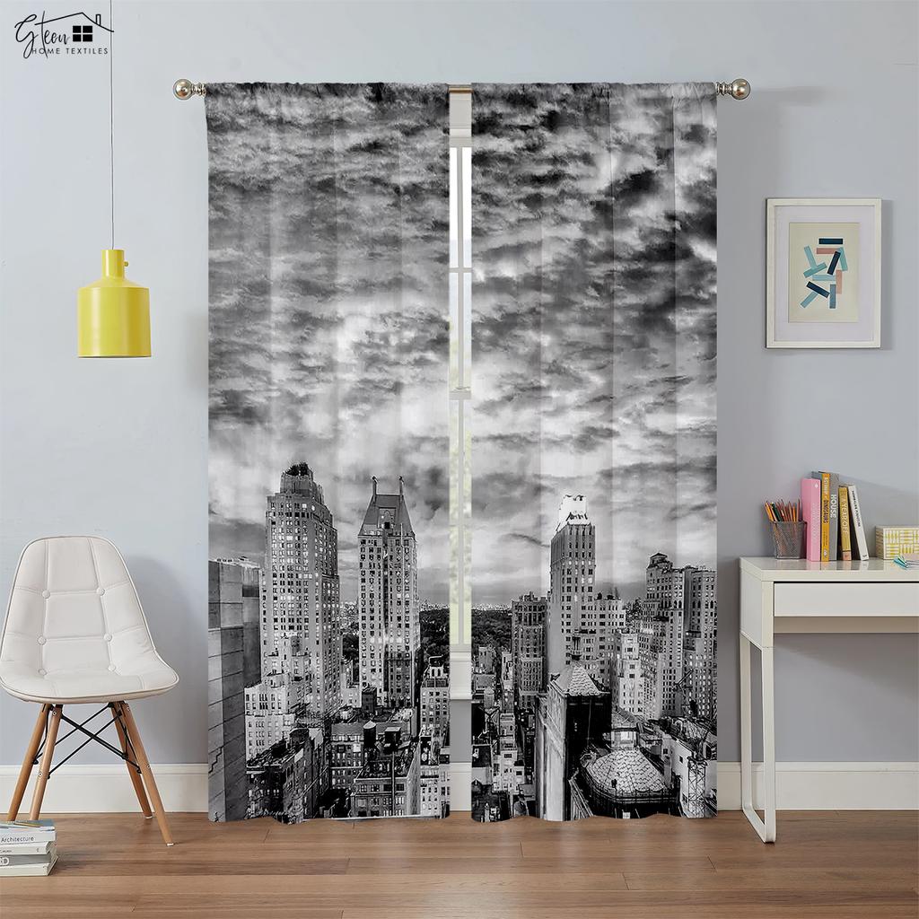 High Quality City Building 3d Printed Window Drapes Night View Hand Painted Industrial Design Room Darkening Heat Insulation Curtains