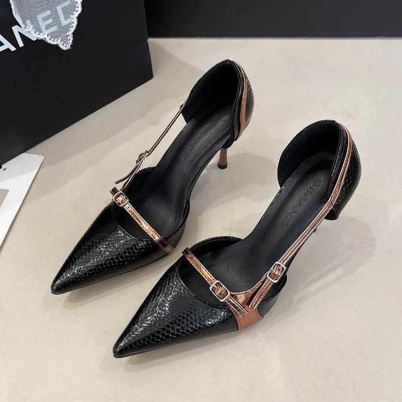New Pointed Toe Snakeskin Stiletto Heels Summer Women's Retro Shallow Mouth Metal Buckle Hollow Non-slip Single Shoes