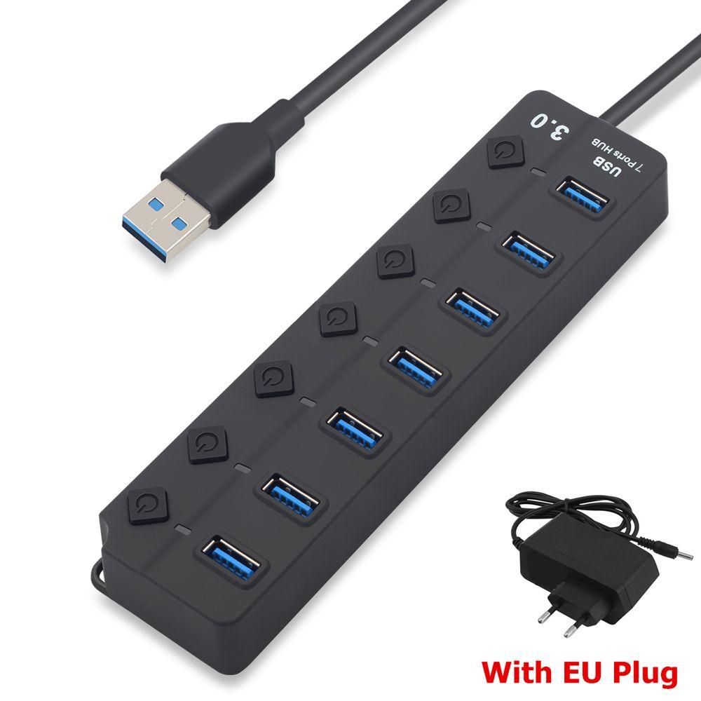 Professional External High Speed On/Off Switch USB 3.0 Hub 4/7 Ports Splitter with Power Adapter