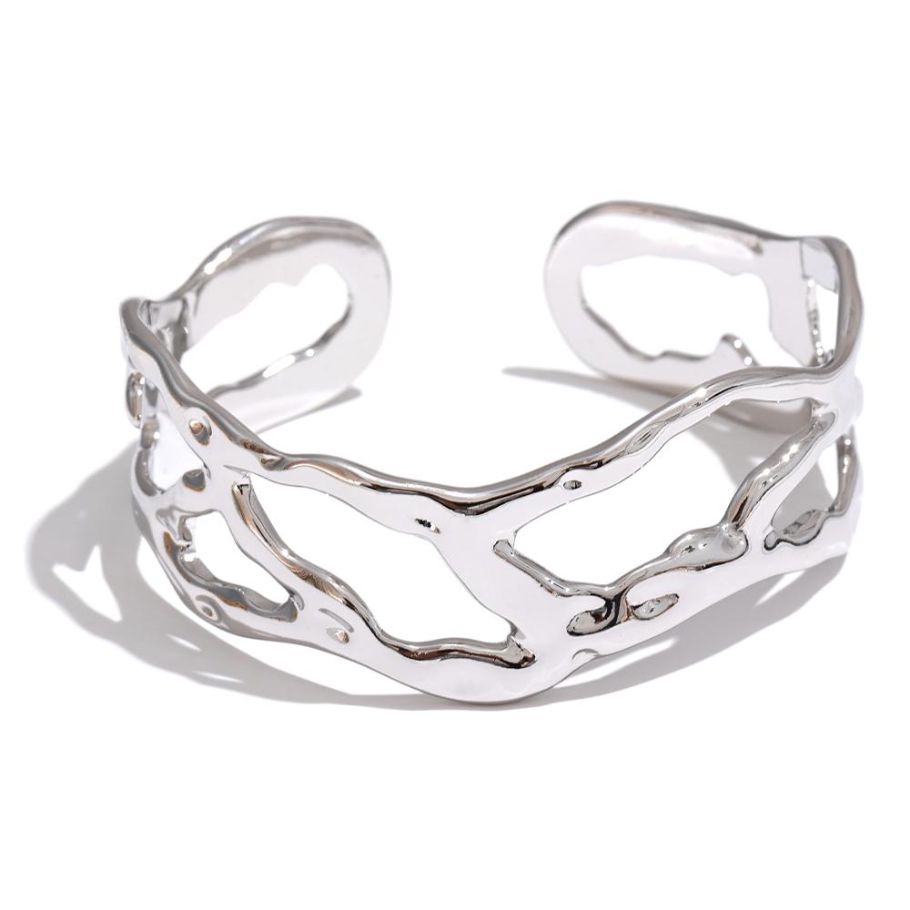 Yhpup Stylish Unique Design Stainless Steel Metal Hollow Wide Cuff Bracelet Bangle Texture Rust Proof 18K PVD Plated Jewelry