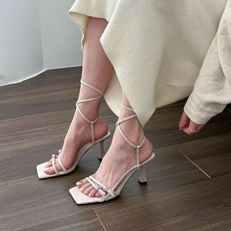 Fashion Spring Summer Sandals New Open-toed Thin High Heel Minority Slim Heels Slippers for Female Slip On Ankle Strap Sandalias Black