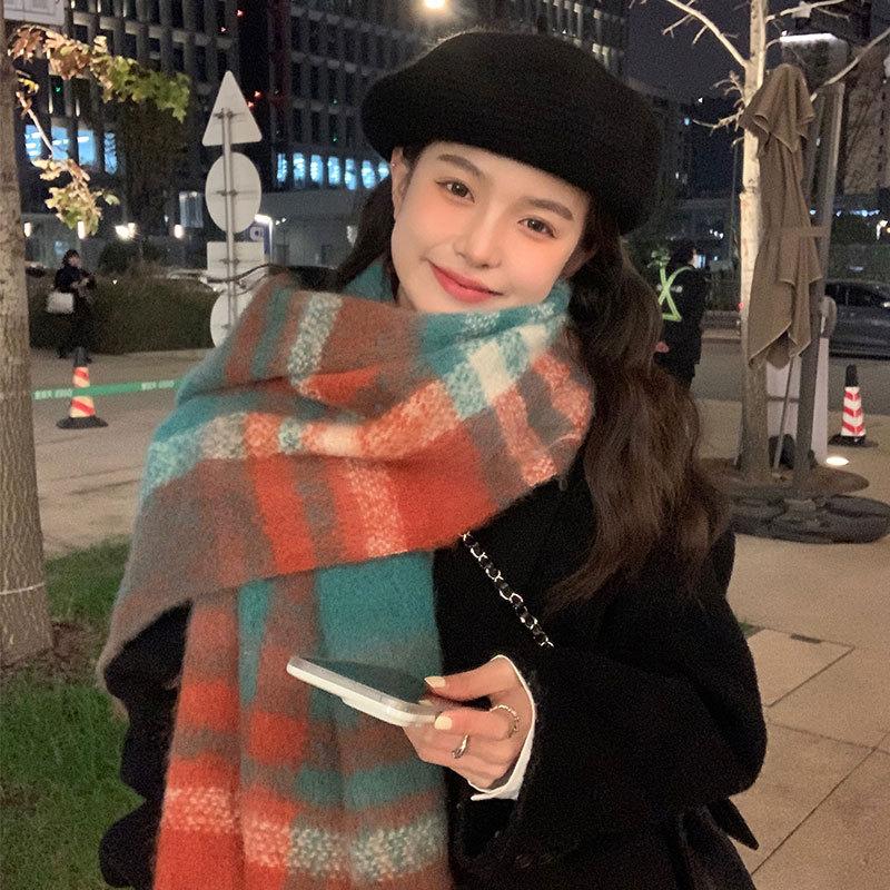 Korean Version of Mohair Plush Scarf for Women Winter High End New Versatile Plaid Scarf Student Shawl Outer Wear