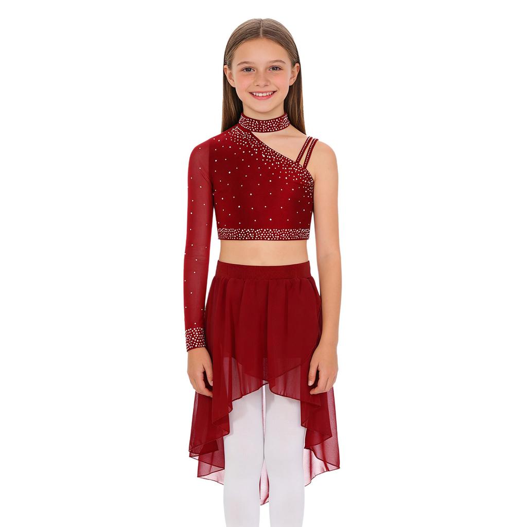 Girls Dance Set Sparkly Rhinestones Tops Unique Irregular Shoulder Crop Top High Low Chiffon Skirt