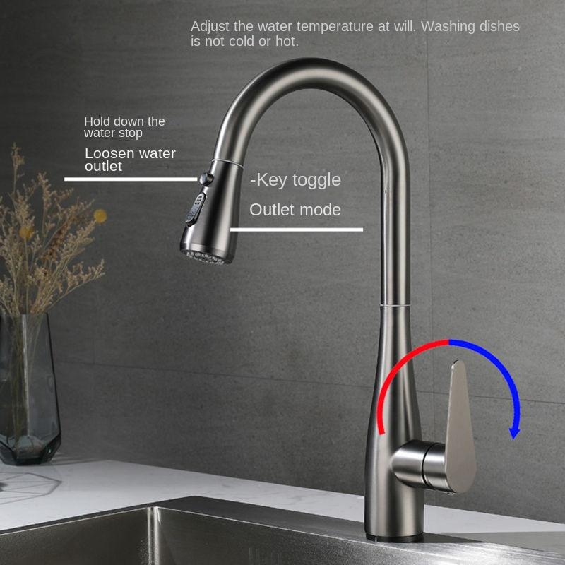 Black Kitchen Faucet Flexible Pull Out 2 Modes Nozzle Hot Cold Water Mixer Tap Deck Mounted Sprayer and Stream SUS 304 Faucets