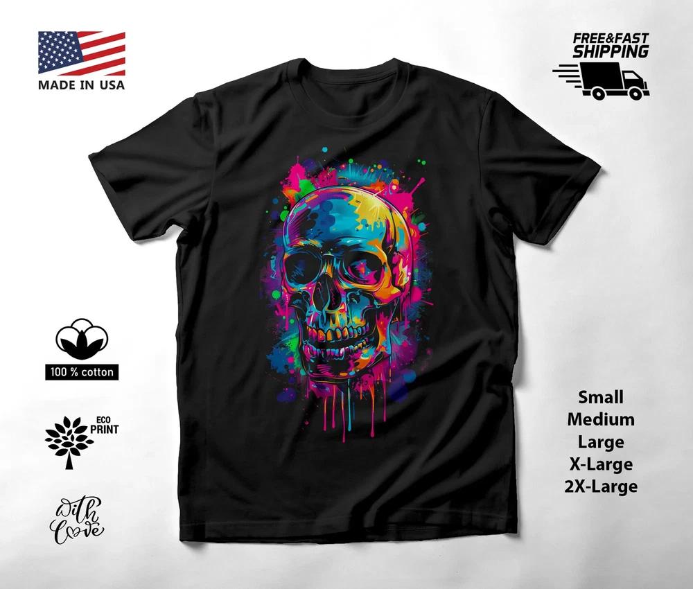Colorful Skull Neon Graphic T-Shirt Black Unisex S-2XL