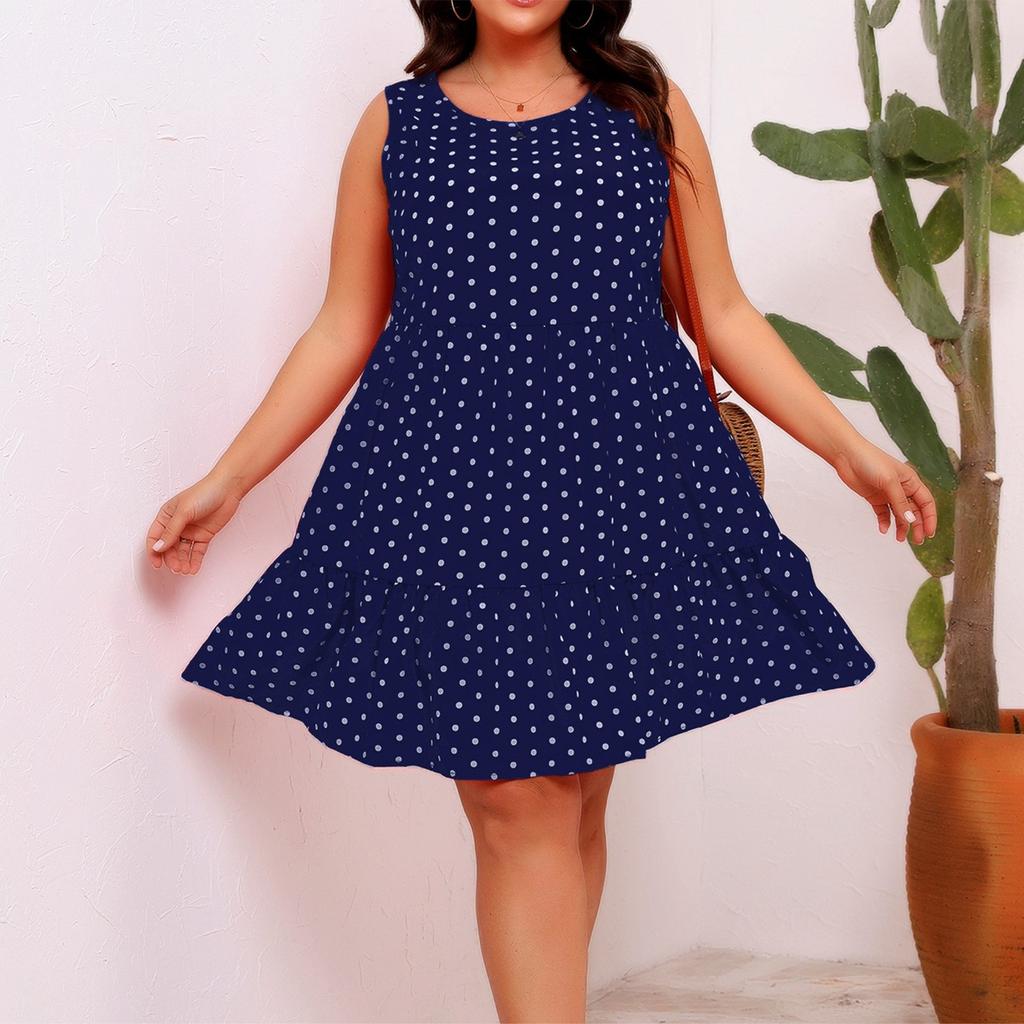 Round Neck Sleeveless Polka Dot Loose Swing Ruffled Dress