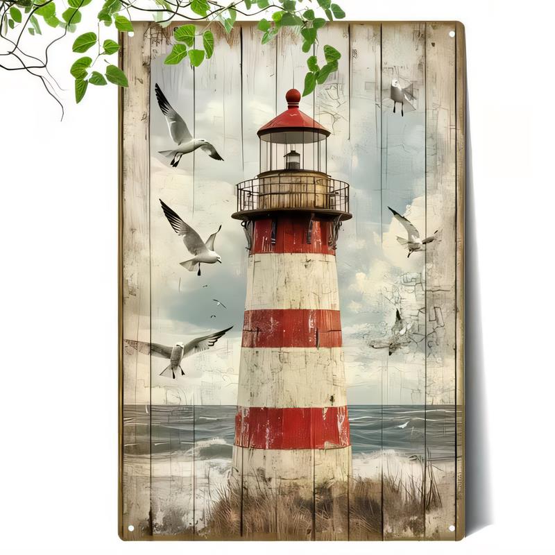 Vintage Lighthouse Tin Sign with Sea Birds Nautical Retro Metal Wall Art for Beach House Decor Coastal Ocean Theme Rustic Tin