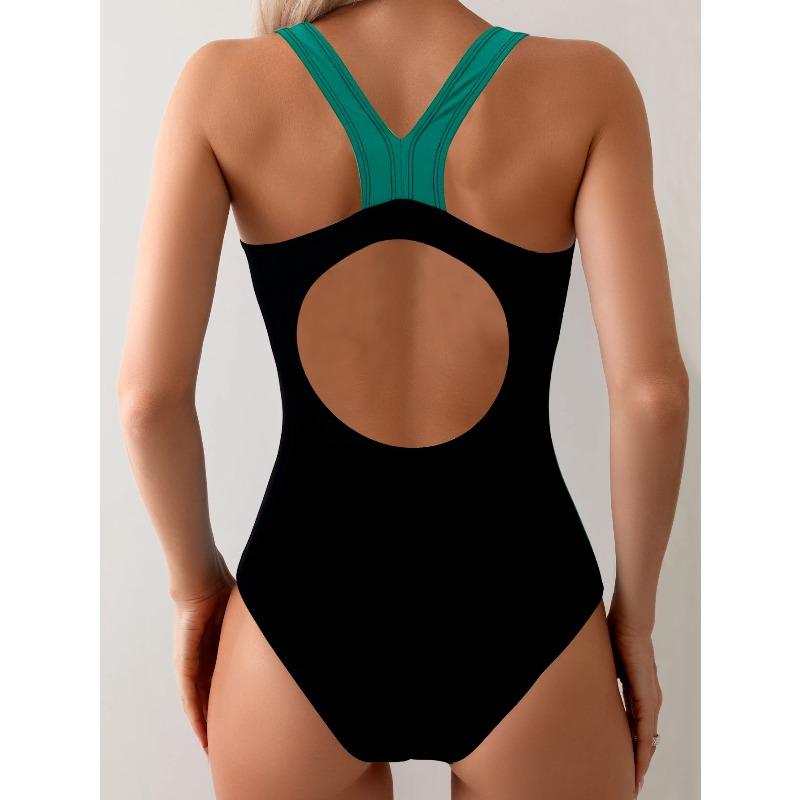 Women's Athletic One Piece Swimsuit Black Green Color Block Modest Bathing Suit