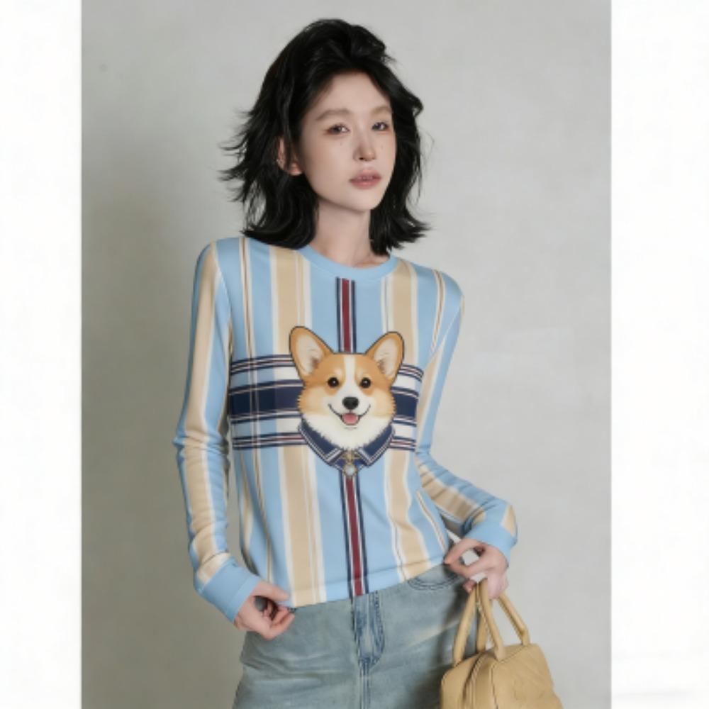Spring Europe America Fashion Fun Dog Print Women's T-shirt Casual Pullover Women Long Sleeve Clothing Outdoor Street Tees Top