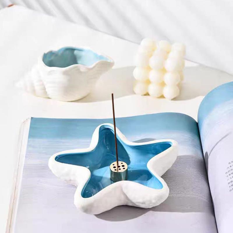 1Pcs Ceramic Jewelry Tray Conch Starfish Shape Aqua Shell Trinket Dish Ceramic Ring Earring Holder Ocean-Themed Decorative