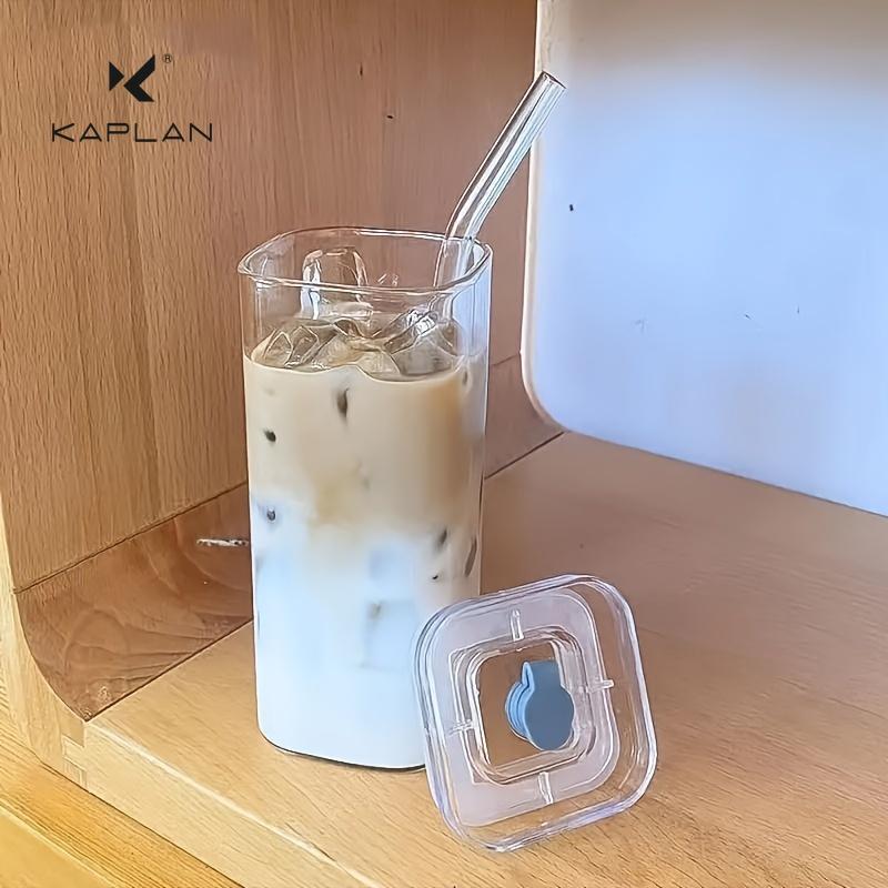 Portable Square Transparent Glass Cup with Lid and Straw for Coffee, Milk, and Breakfast Drinks