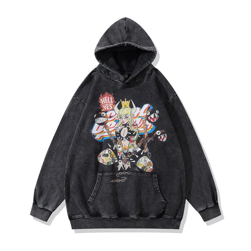 Trendy Men'S Hooded Sweatshirt Street Retro Japanese Anime Print Washed Hoodie Men'S And Women'S Trends