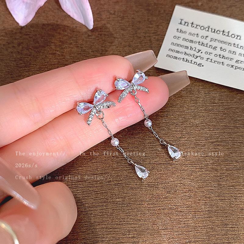 High-end sweet bow tassel water drop stud earrings women's new zircon light luxury high-end accessories