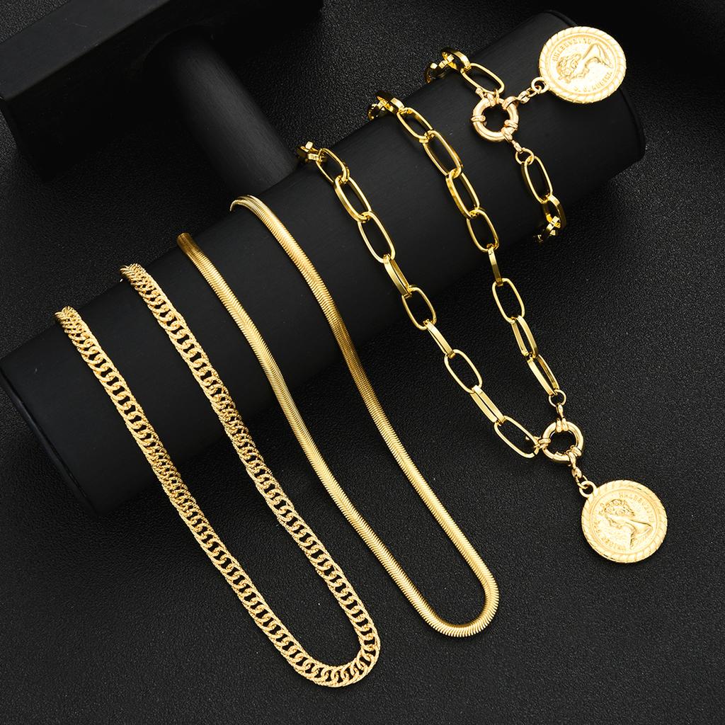 4pcs Vintage Gold Color Coin Pendant Jewelry Set For Women Fashion Chunky Necklace and Bracelet Set Wedding Party Holiday Gifts