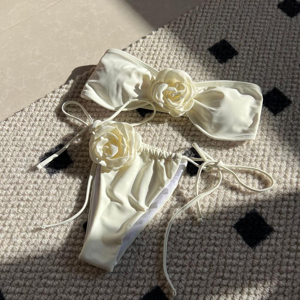 Solid Color Rose Tube Top Drawstring Strap Split Swimsuit Bikini