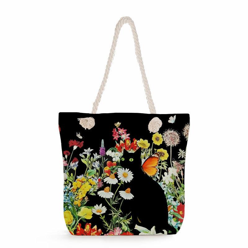 Multifunctional Black Cat  Printed Thick Rope Shoulder Beach Bag 7579 KTB