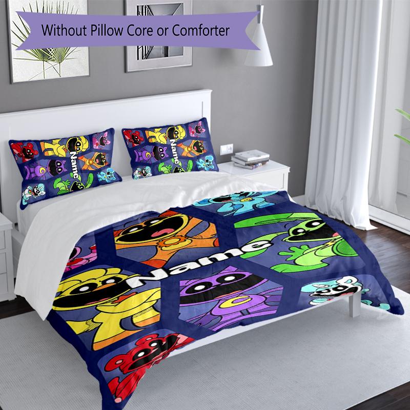 Set Biancheria da Letto 3 Pezzi Critters Sorridenti con Nome Personalizzato, Include 1 Copripiumino e 2 Federe, Arredo Camera da Letto per Tutte le Stagioni