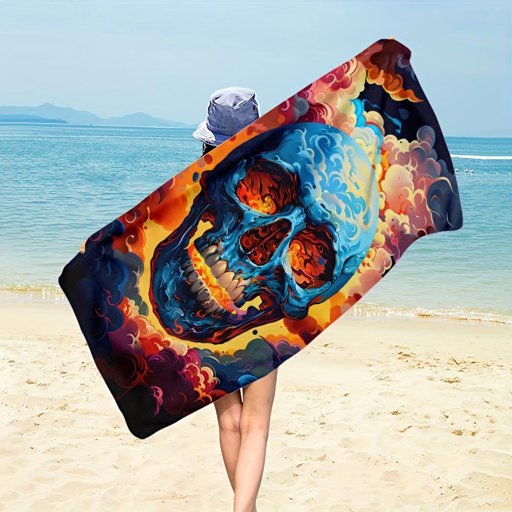Psychedelic Skull Beach Towel, Trippy Blue Skull with Fire Clouds Print Oversized Bath Towel, Dry Edgy Summer Beach Blanket