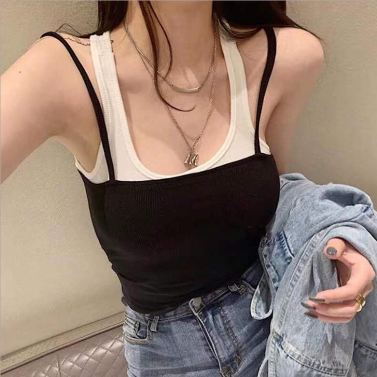 Summer New Korean Style Sexy Hottie Slim Fake Two-piece Color Matching Camisole for Women To Wear Inside and Outside The Top