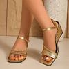 Fashion New Silver Wedge Sandals and Slippers for Summer Women's Square Toe Open Toe Woven Slip Strap High Heels