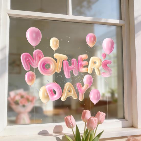 Muttertag Fensteraufkleber Wasserdicht Rosa Herzen Ballons Dekorativer Aufkleber Statische Glasaufkleber für Zuhause Büro Geschäft Glastür Fenster