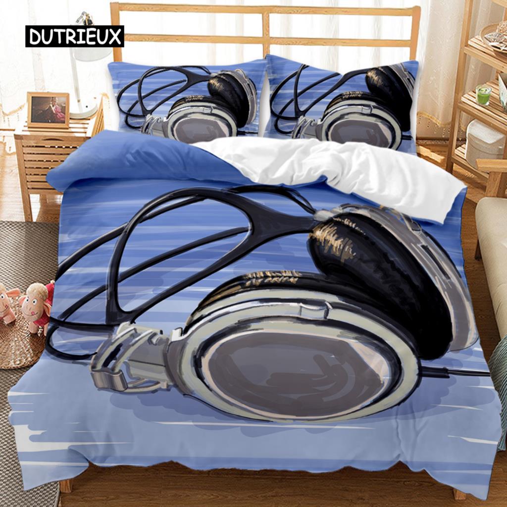 Headphones Duvet Cover Rock Music Melody Note Bedding Set Cool White Headset Boys Double Queen King Size Polyester Qulit Cover Tool