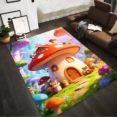 Märchenpilzhaus Teppich mit niedlichen Tieren und farbenfroher Landschaft Geeignet für den Einsatz als Antirutsch für Wohnzimmer Schlafzimmer Sofas