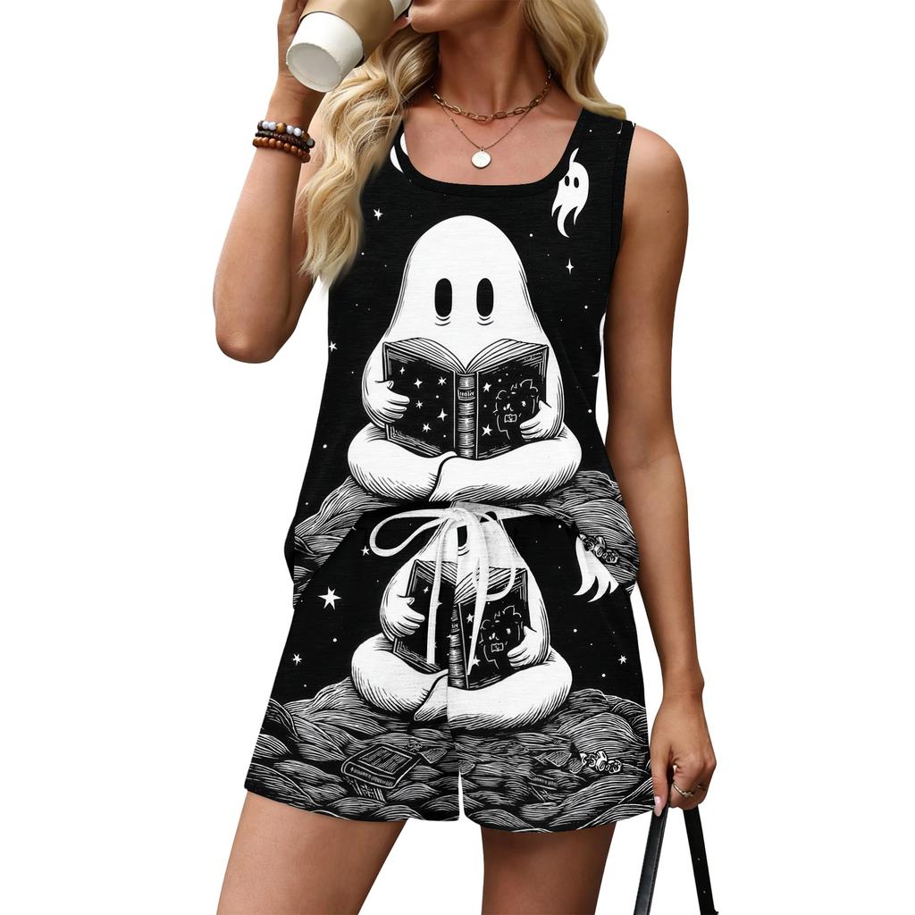 Women Summer Casual Two Piece Set Sleeveless Tank Top with Square Neck and Printed Shorts with Pockets Lightweight Lounge Wear
