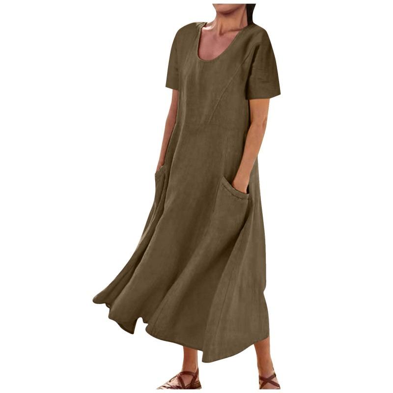 GMXIA Women's Solid Colour Cotton Linen O-Neck Short Sleeve Long Loose Pendulum Dress