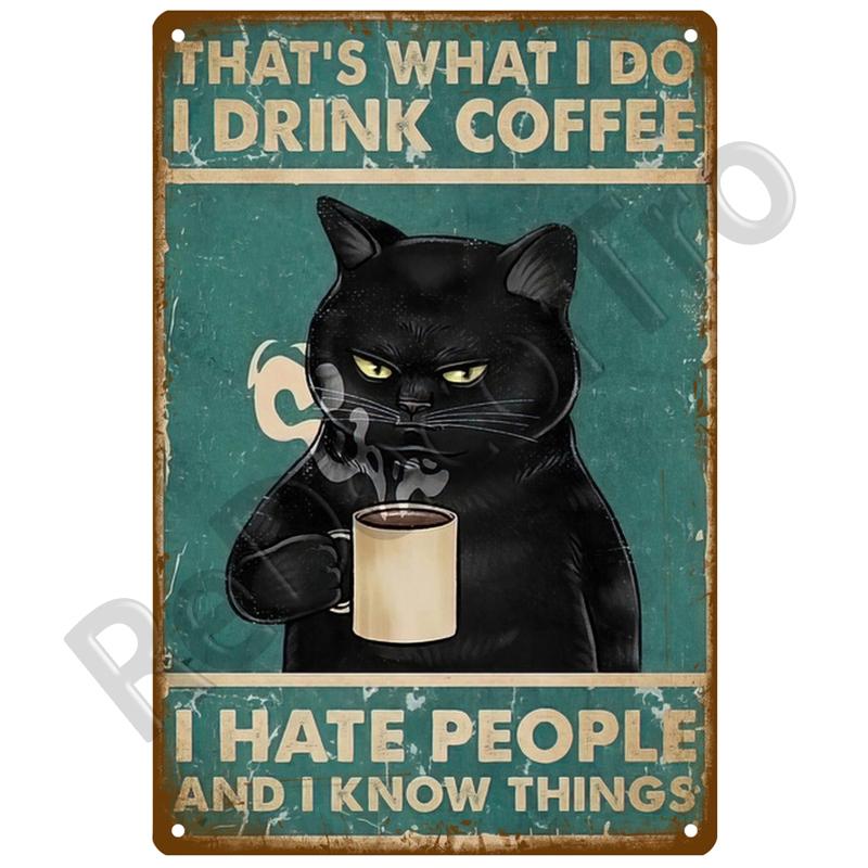 Poster Métal Vintage Chat Noir Rétro Chien Drôle Art Mural Panneau Animal de Compagnie Café Peinture Murale Plaque Métallique Panneau en Étain Plaque Décoration de Salle de Bain Maison