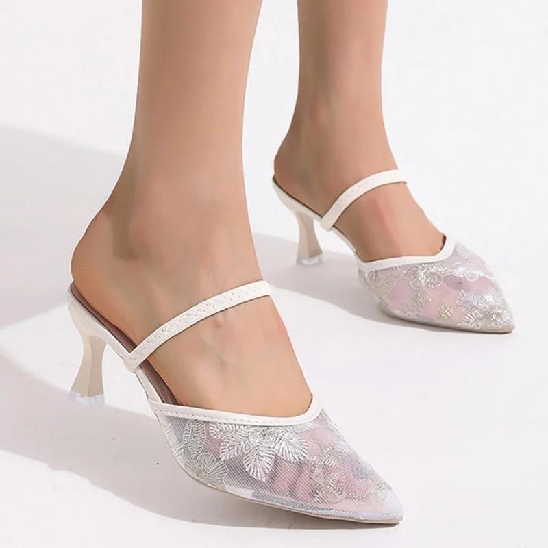 Elegant Floral High Heels Sandals for Women Plus Size Mesh Breathable Pointed Toe Slippers Summer Light Thin Heeled Shoes