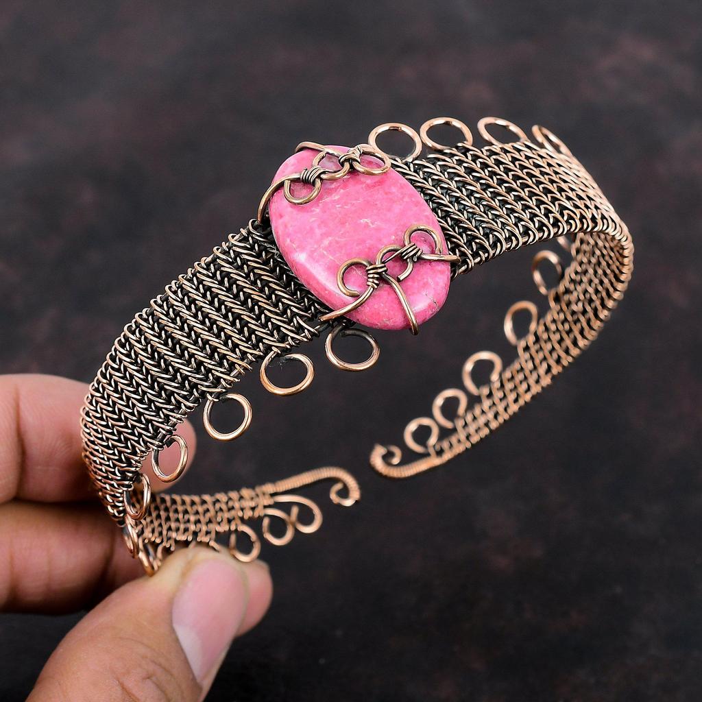 Thulite Cuff Bracelet Gemstone Bangle Copper Wire Wrapped Adjustable Cuff Bracelet Handmade Bangle Copper Wire Wrap Jewelry Bangle For Women