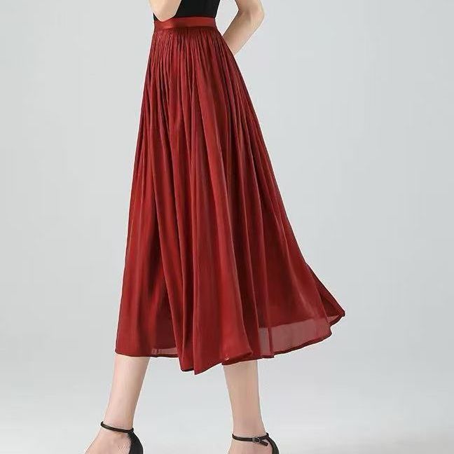 Damen Weinrot Fließender Chiffon Midi-Rock - Hochtaillierter Plissee-Schirmrock mit Elegantem Glanz