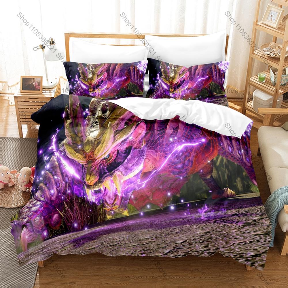 Monster Hunter Rise Merch 3PCS Bedding Duvet Cover With 2 Pillowcases Washable Zipper Gaming Bed Cover